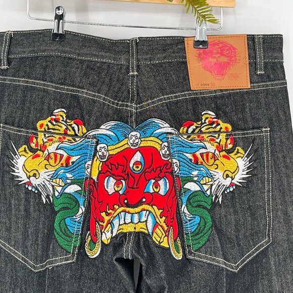 Ed Hardy Rare Y2K Baggy Jeans Men’s 38  Japan Serpent Snakes Tigers Black Denim - Picture 9 of 11